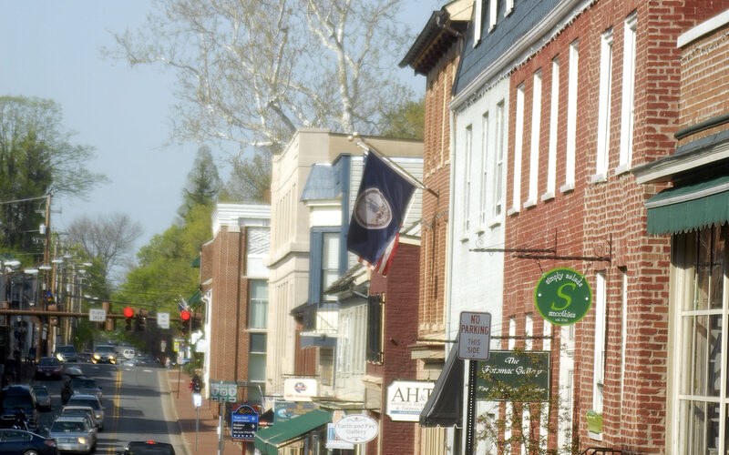 Leesburg historic downtown with preserved colonial architecture and surrounding suburban growth