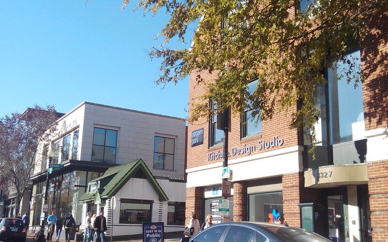 Modern shops and restaurants along a commercial street in Georgetown, Washington DC