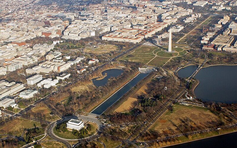 Aerial view of the National Mall in Washington DC with the Capitol Building, Washington Monument, and Lincoln Memorial
