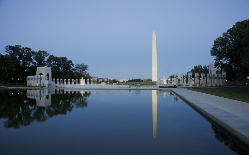 Washington Monument and WWII Memorial reflecting pool on the National Mall
