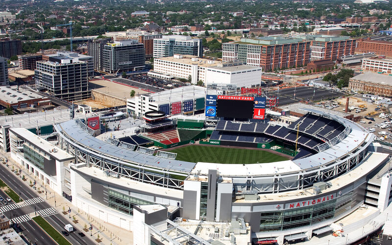 Aerial view of Nationals Park stadium in the Navy Yard area of Washington DC