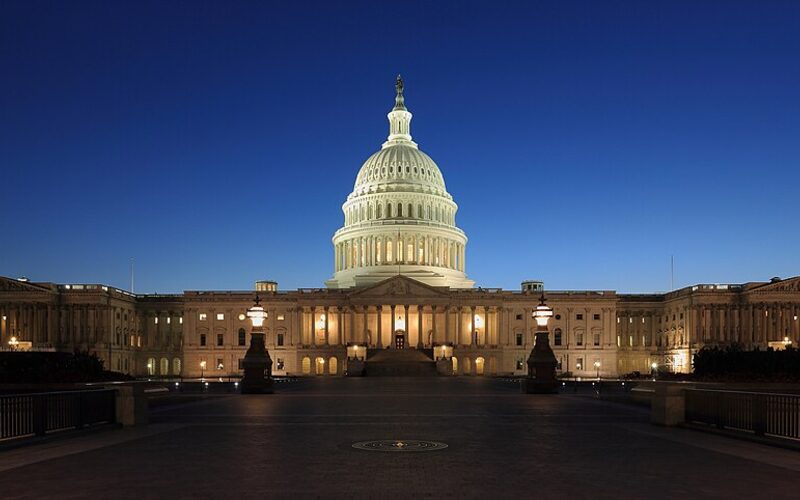 United States Capitol Building in Washington DC illuminated at dusk