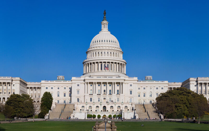Washington DC skyline with US Capitol and monuments