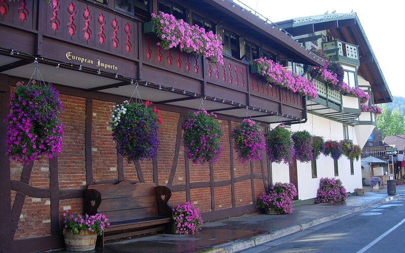 Bavarian-style building facade with flower boxes in Leavenworth, Washington
