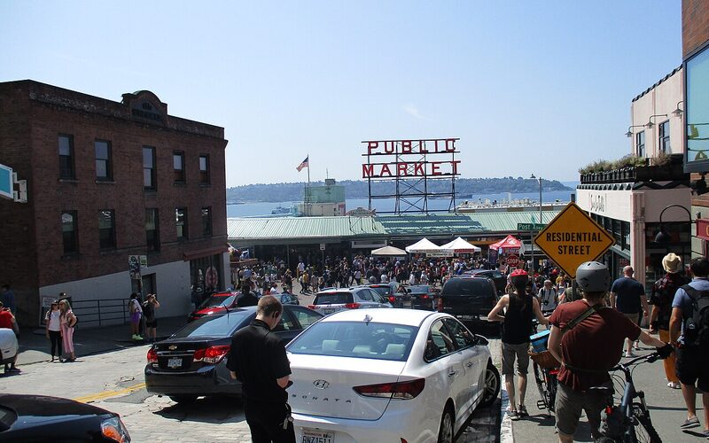 Pike Place Public Market sign and entrance in Seattle, Washington