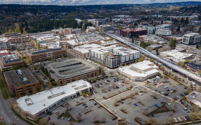 Redmond Washington downtown area with technology campuses and green spaces