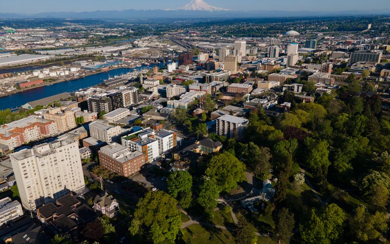 Tacoma waterfront with Mount Rainier visible behind the city skyline