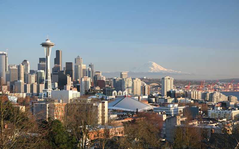 Seattle Washington skyline with Space Needle and Mount Rainier