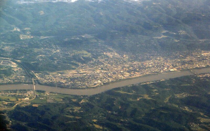 High-altitude aerial view of Huntington along the Ohio River, West Virginia