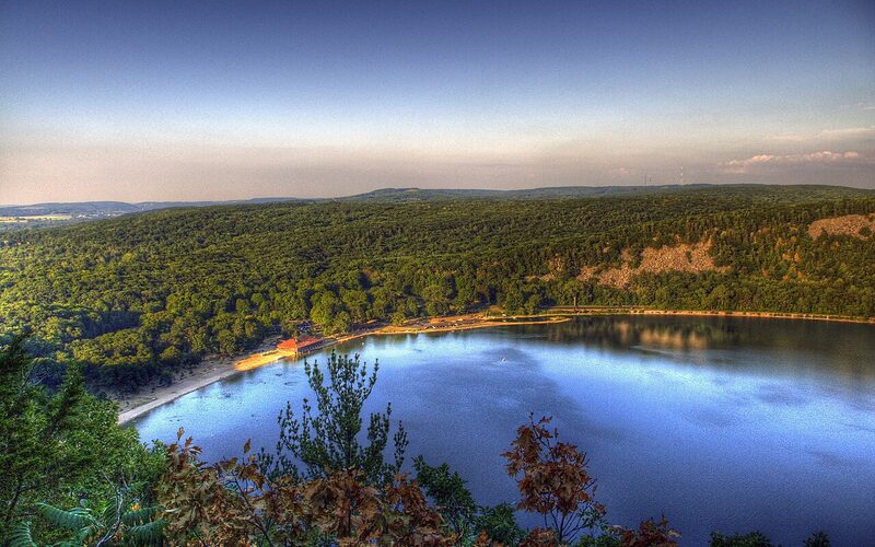 Devil's Lake State Park with quartzite bluffs rising above the glacial lake in Baraboo, Wisconsin
