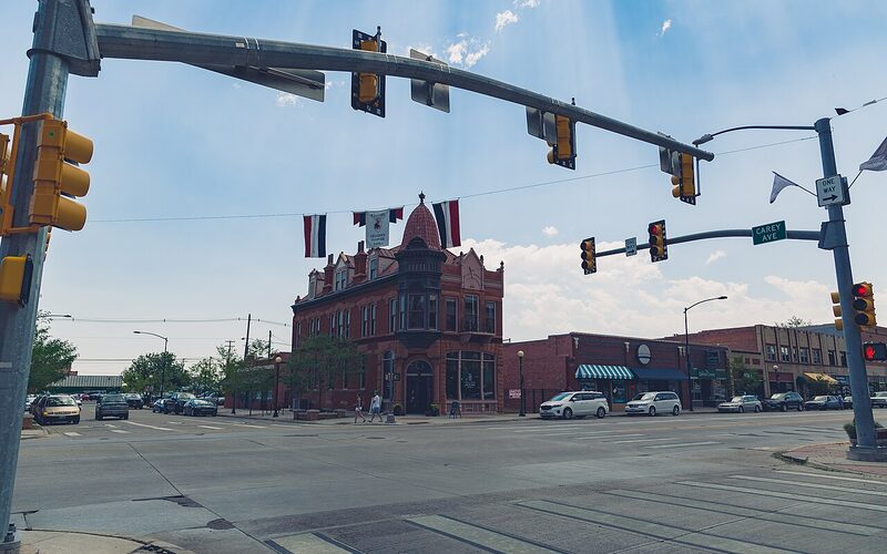Downtown Cheyenne, Wyoming intersection with historic brick buildings