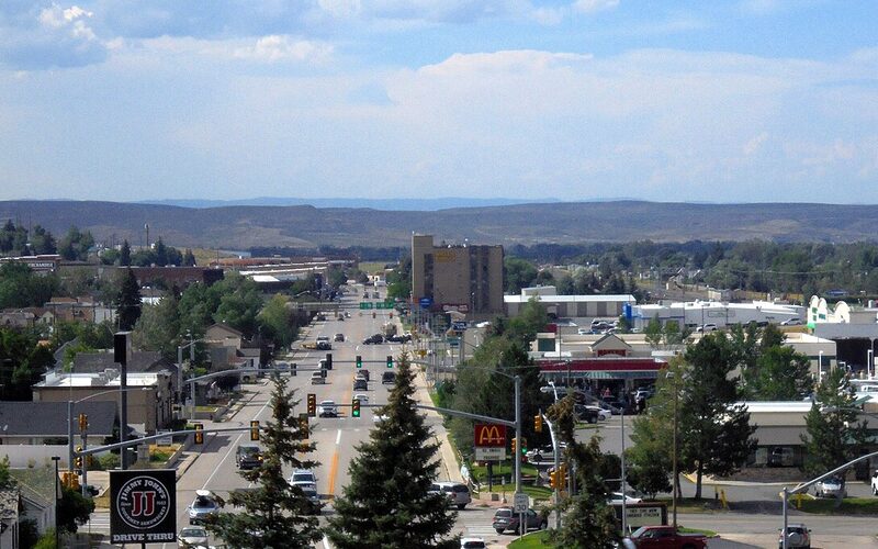 Evanston, Wyoming downtown with Union Pacific Railroad depot